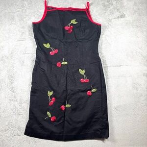 Jessica Howard Petite 12P Black Linen Cherry Embroidered Dress Retro Pinup